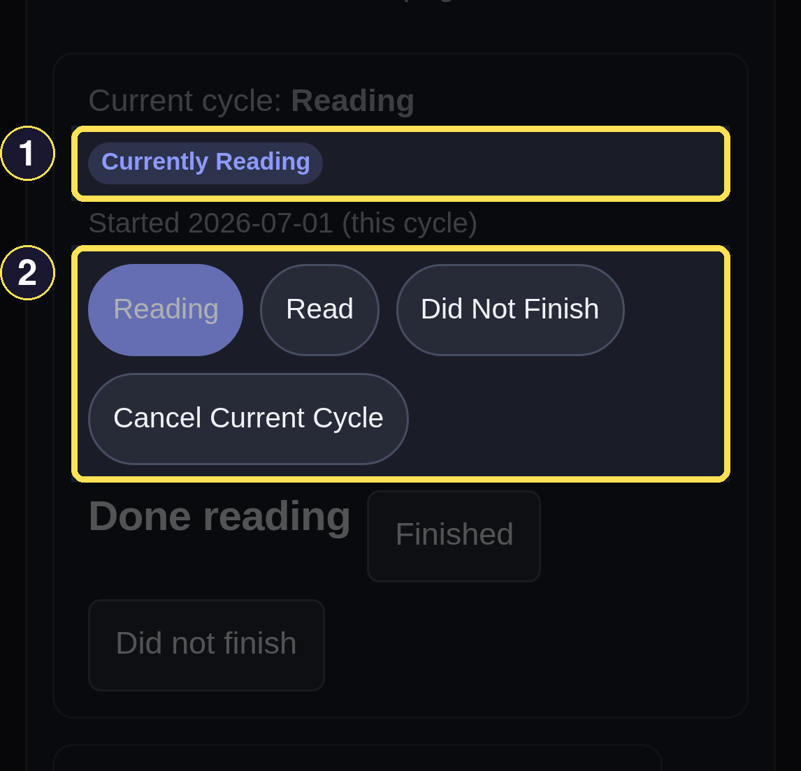 A dark phone reading-status card for Ashes Rising, set to Currently Reading, with its cycle picker and Cancel control.