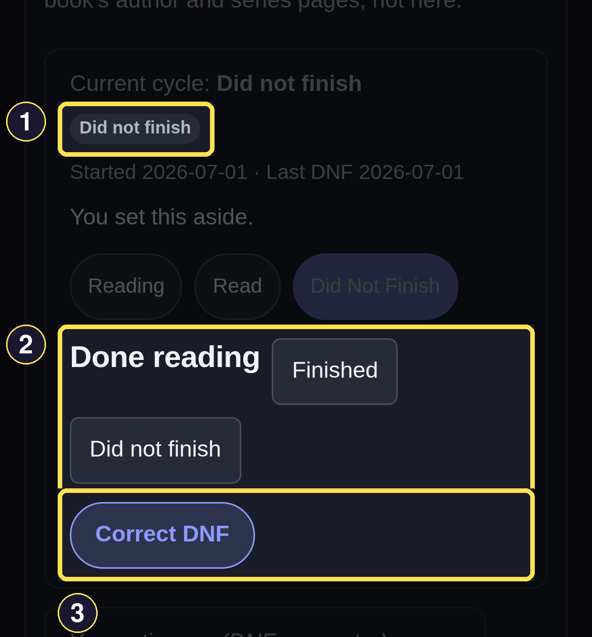 A dark phone reading-status card for Safe Harbor showing its Did not finish badge, Done reading section, and Correct DNF control.