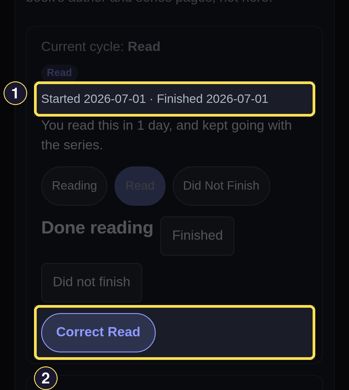 A dark phone reading-status card for The First Spark showing its started and finished dates alongside the Correct Read control.