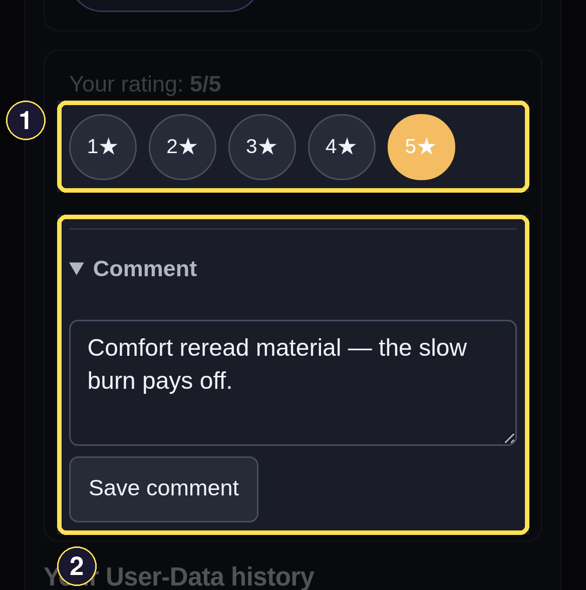 A dark phone book-rating card for The First Spark showing a 5-star rating and an expanded, saved comment.