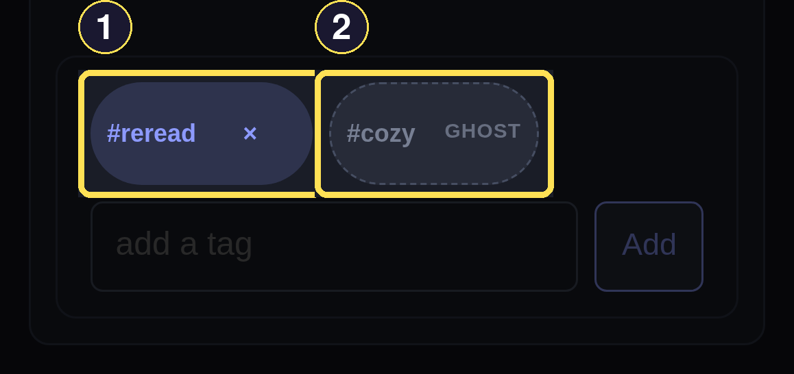 A dark phone tags block for Safe Harbor showing an own tag with its remove button next to a ghost tag inherited from its Series.