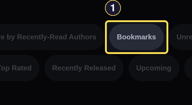 A dark desktop Shelf jump-chip strip above Recently Added, with the Bookmarks chip highlighted.