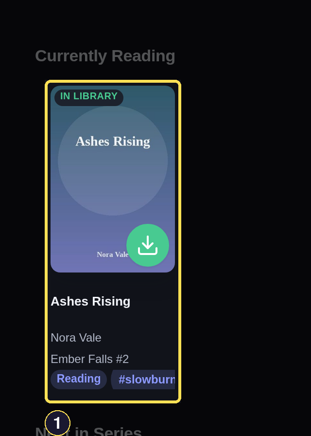 A dark desktop Currently Reading section on the Shelf showing Ashes Rising because its reading cycle is open.