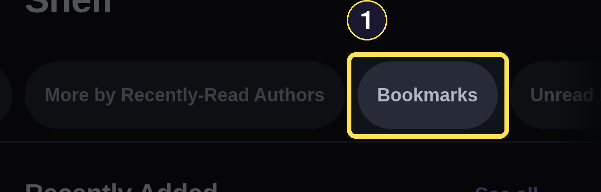 A dark phone Shelf jump-chip strip above Recently Added, with the Bookmarks chip highlighted.
