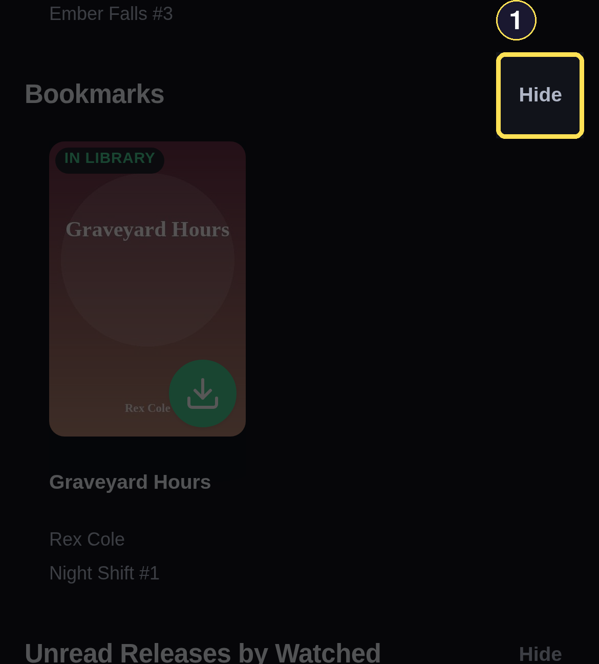 A dark phone Bookmarks section on the Shelf with its Hide control visible in the section header.