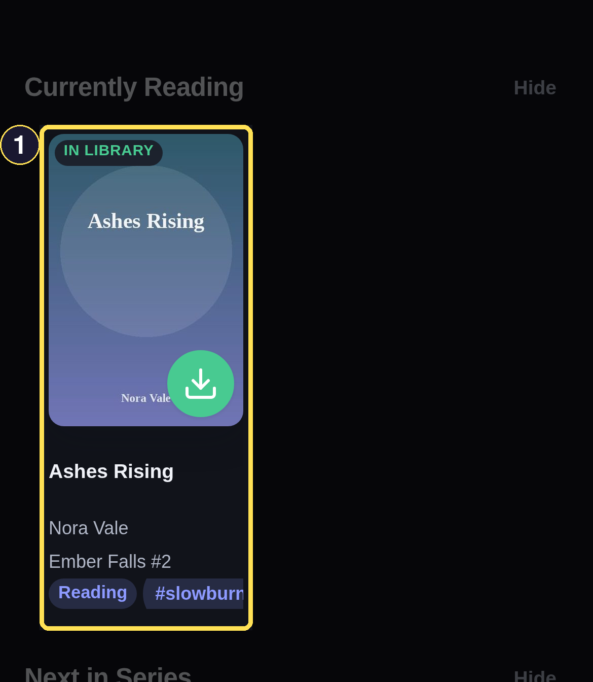 A dark phone Currently Reading section on the Shelf showing Ashes Rising because its reading cycle is open.